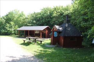 a small cabin with a picnic table in the grass at Spacious foresthouse with stunning view in Ydby
