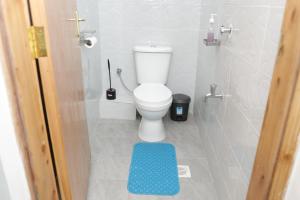 a bathroom with a toilet with a blue mat on the floor at JS Urban Stays in Gatunga +12 photos