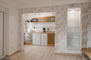 eine Küche mit weißen Geräten und einem weißen Kühlschrank in der Unterkunft WEINQUARTIER Kalter Hügel 70 qm Garten Lagerfeuer Pool Terrasse Parkplatz in Naumburg