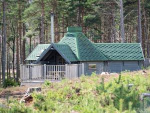 a cabin in the woods with a green roof at Chalet Forester's Bothy by Interhome in Coldstone +10 photos