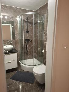 a bathroom with a shower and a toilet and a sink at Apartmani T'n'T in Pag +7 photos