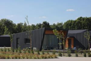 a modern house with a black facade at The Spot Resort in Poljanski Lug