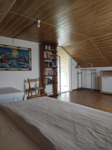 a bedroom with a large bed and a book shelf at casa Olga 2 Mai in 2 Mai
