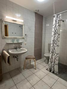 a bathroom with a sink and a toilet and a shower curtain at Ferienhof Tödter in Schneverdingen +48 photos