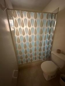 a bathroom with a toilet and a shower curtain at Casa San Carlos in La Coyotera