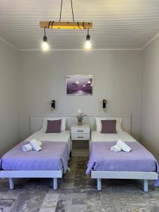 two beds sitting next to each other in a room at Biscoutsis Apartments & Studios in Kavos