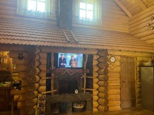 a television in a log cabin with a fireplace at Думанія in Verkhovyna