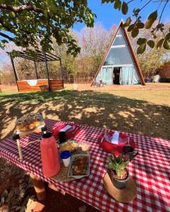 a picnic table with food and a tent in a field at Cabana dos sonhos Chalé experience Hidro CinemaSPA in Mateus Leme