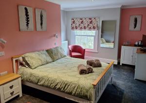 a dog laying on a bed in a bedroom at Care Ashore Guest Rooms in Cranleigh