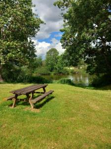 a picnic table sitting in the grass next to a river at Appartement Saint Antoine 2 in Toulon-sur-Arroux