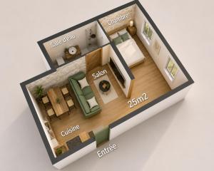 a rendering of a floor plan of a house at MRODBNB - Appart Neuf - Aperçu Mer - 25m Plage & Resto - Ciné - Cheminée - Popcorn in Cancale