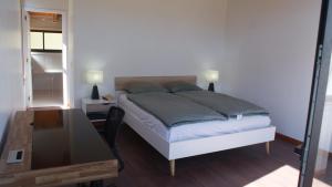 a bedroom with a bed and a table and a desk at Das Glashaus in Curacautín