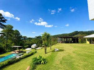 a dog laying in the grass next to a house at Pousada Chateau Bella Vista in Campos do Jordão