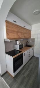 a kitchen with a sink and a stove top oven at S Apartman Vrdnik in Vrdnik