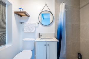 a bathroom with a toilet and a sink and a mirror at Spadina Boutique Rooms in Toronto