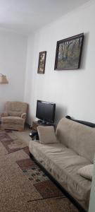 a living room with a couch and a flat screen tv at GGG FLAT a in Dobrovelychkivka