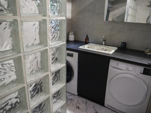 a bathroom with a sink and a washing machine at Les Boissèdes in Les Vans +19 photos
