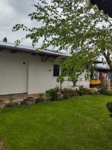 a white house with a yard with green grass at casa Olga 2 Mai in 2 Mai