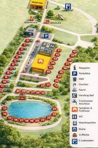 a map of a parking lot with cars and a pool at 47 Camping Pod "Flut" in Silberstedt