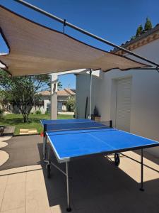 a blue ping pong table on a patio at Appartement dans maison en RDC in Nègrepelisse