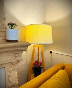 a lamp sitting next to a table with a potted plant at Gallery inn in Kutaisi