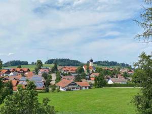 a small town with a green field and houses at Moderne Ruheoase Allgäu in Oberreute