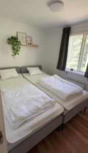 two twin beds in a room with a window at Stuga Rödhake in Annerstad