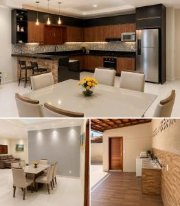 a kitchen and a living room with a table and chairs at Casa Nordestina in Nísia Floresta