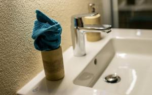 a towel in a holder on a bathroom sink at Studio Arve Visperterminen in Visperterminen +23 photos