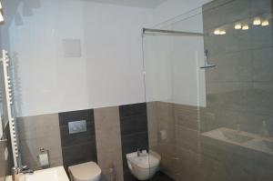 a bathroom with a toilet and a sink and a shower at Loft Style 3 Room Apartment + terrace in Villingen-Schwenningen