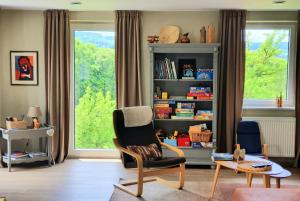 a living room with a chair and a book shelf at Gîte Au Val de Belvâ in Malmedy
