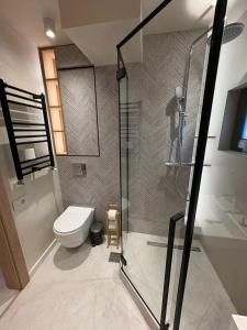 a bathroom with a toilet and a glass shower at City View Apartment in Râmnicu Vâlcea