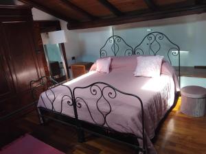 a bedroom with a pink bed with a metal frame at Sogni in soffitta in Casalecchio di Reno