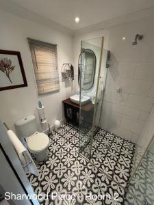 a bathroom with a shower and a toilet and a sink at Sharwood Place in Port Elizabeth