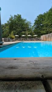 a large blue swimming pool with umbrellas in the background at Chalets de vacances Castelwood in Biron +7 photos