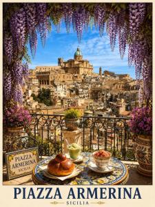 a poster of a view of a city with a table with food at B&B Giardino Incantato in Piazza Armerina