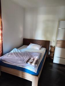 ein Bett in einem Zimmer neben einem Kühlschrank in der Unterkunft imperial 3 in Leuenberg