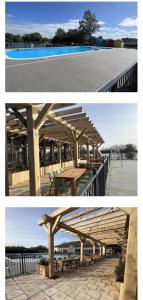 two pictures of a picnic table and a pavilion at Hoburne Holiday Park, Cotswold, Bumblebee Lodge in South Cerney +2 photos