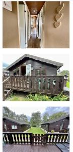 two pictures of a house with a porch at Hoburne Holiday Park, Cotswold, Bumblebee Lodge in South Cerney