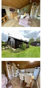 two pictures of a house with a bedroom and a living room at Hoburne Holiday Park, Cotswold, Bumblebee Lodge in South Cerney