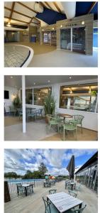 two pictures of a building with tables and benches at Hoburne Holiday Park, Cotswold, Bumblebee Lodge in South Cerney