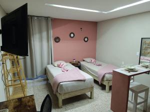 a room with two beds and a tv in it at Jayua Suites & Habitaciones in Córdoba