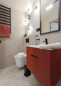 a bathroom with a sink and a toilet and a mirror at Apartamenty Janasa 13 in Chorzów +48 photos