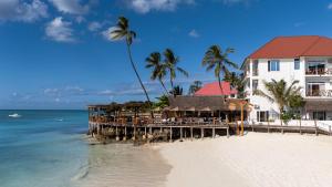a resort on the beach with palm trees and the ocean at Dhow Beach Boutique Hotel in Nungwi