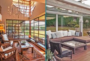 two images of a living room with a couch and chairs at Cubo's Casa Liso in Coaña