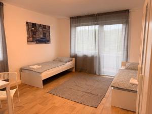 a small room with two beds and a window at Ferienwohnung Weinrebe in Oppenheim