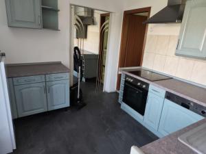 eine Küche mit blauen Schränken und einem Herdbackofen in der Unterkunft imperial 2 in Leuenberg