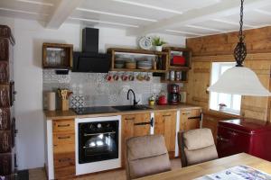 a kitchen with a sink and a stove top oven at Ferienhaus Elsa mit Sauna und Whirlpool in Großschönau