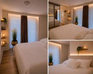 two pictures of a bedroom with two beds and windows at Lux Line Apartment in Zurich