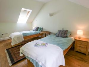 zwei Einzelbetten in einem Zimmer mit Fenster in der Unterkunft Ty Cellin in Ystrad Meurig